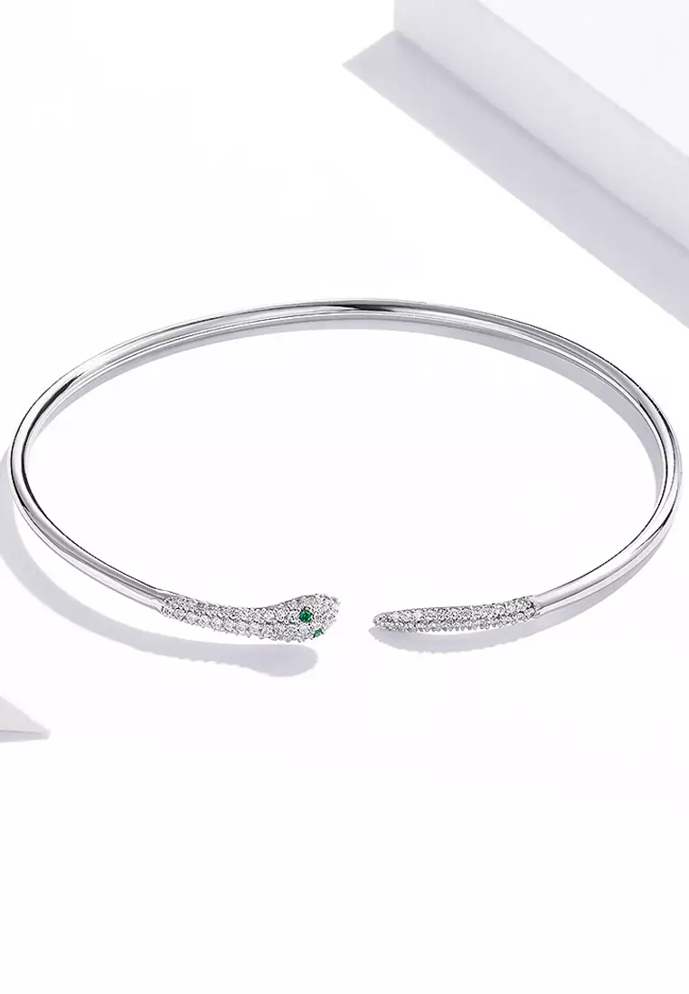 Solid 925 Sterling Silver Rattle Snake Open Cuff Bangle