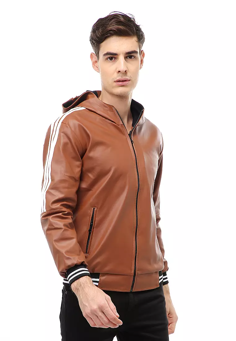 Halbert Outerwear Jaket Kulit Hoodie Pria Model List Material Leather ORIGINAL - Light Brown