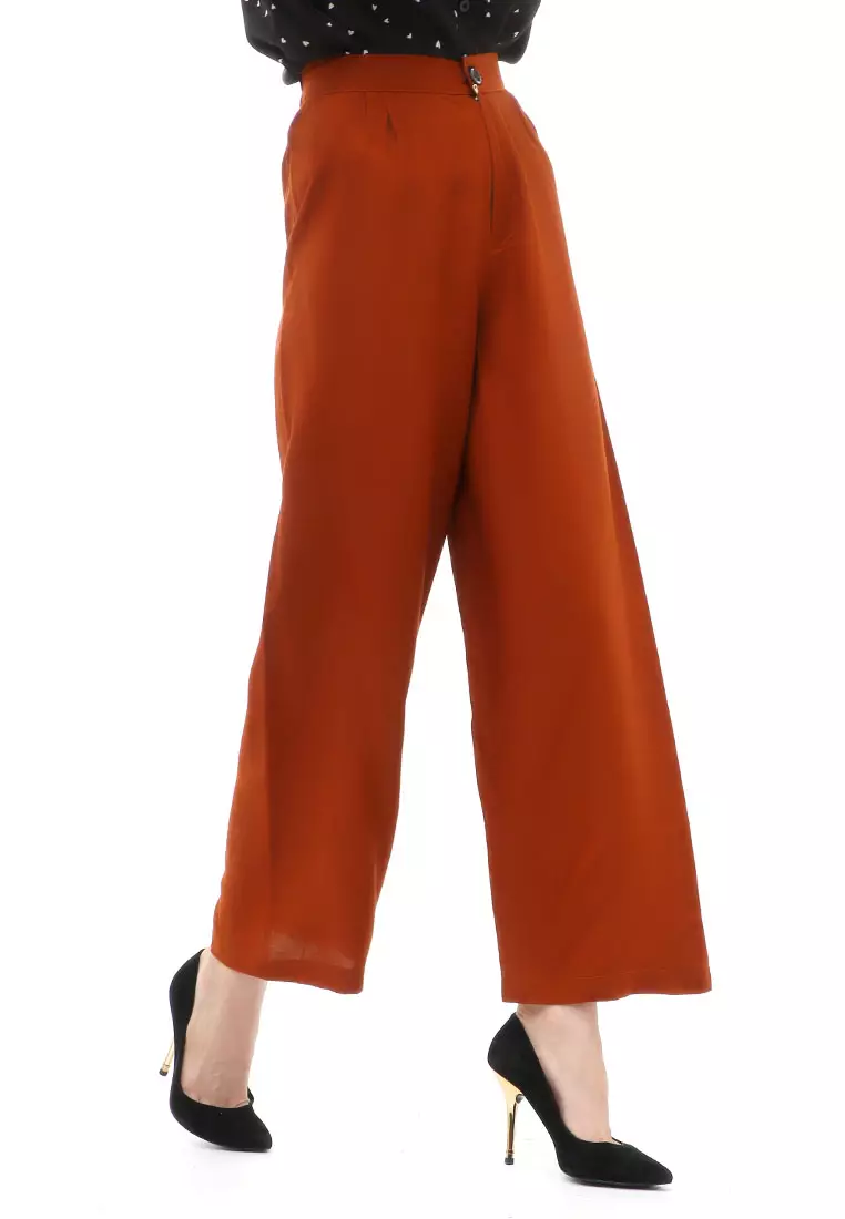 Jourel Celana Panjang Kasual Kulot Highwaist Wanita Style Kancing Resleting Material Rayon ORIGINAL - Copper Chocolate
