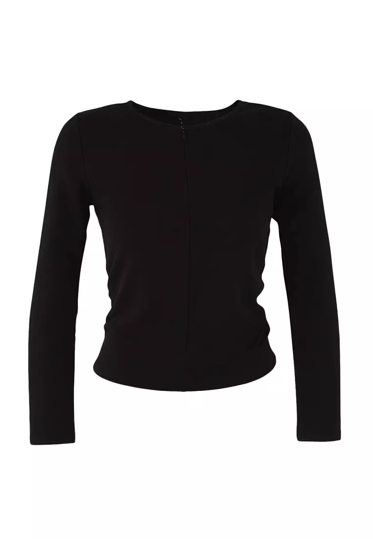 Black Fitted/Fits The Body Double Look Half Zippered Double Layered Knitted Blouse
