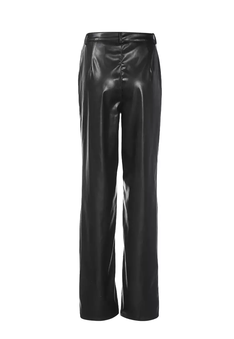 Black Faux Leather High Waist Straight Trousers