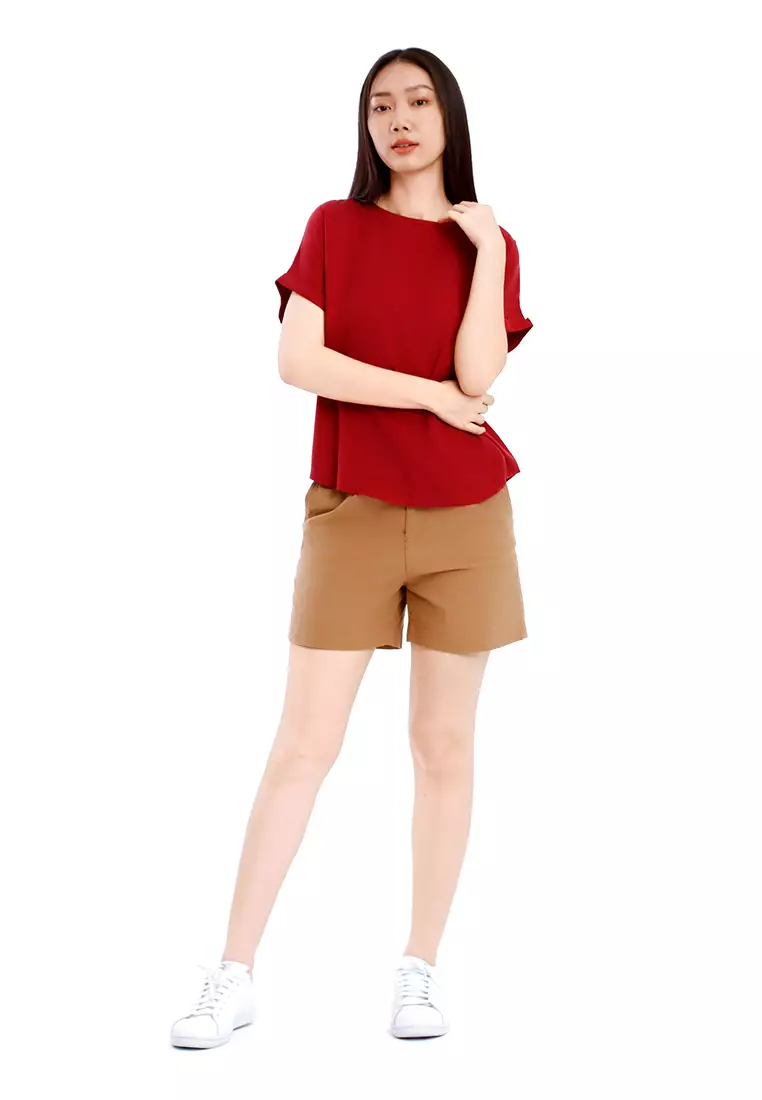 Forest Ladies Rayon Lyocell Casual Plain Blouse Women Short Sleeve Blouse - 822416-56Maroon
