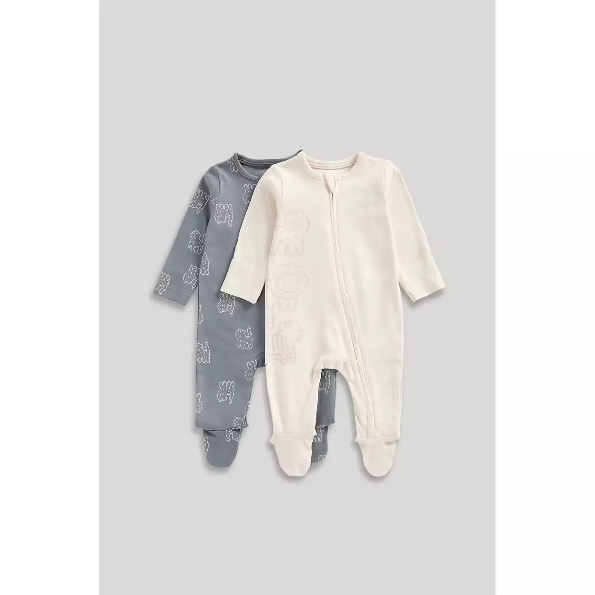 Mothercare Big Cats Zip-Up Sleepsuits - 2 Pack - Baju Tidur Bayi Laki-laki (Abu-abu)