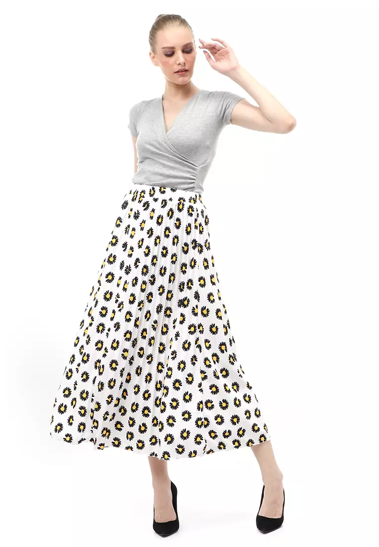 Rok Plisket Motif Print Design Vintage Rubbery Waist Bawahan Wanita - Daisy Putih
