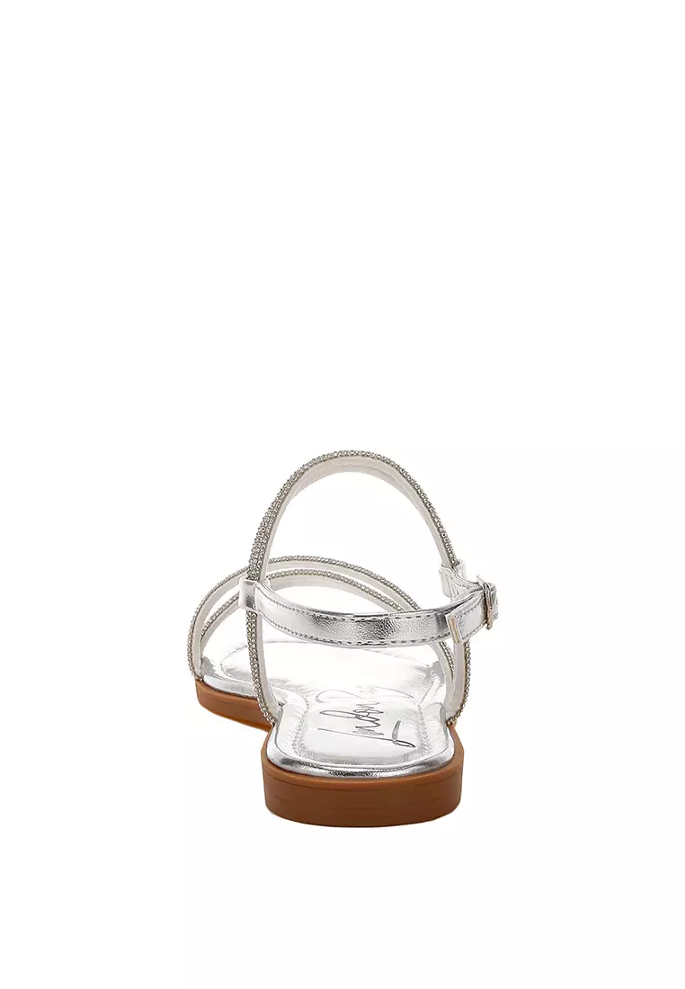 Rhinestone Strappy Flat Sandals in Silver