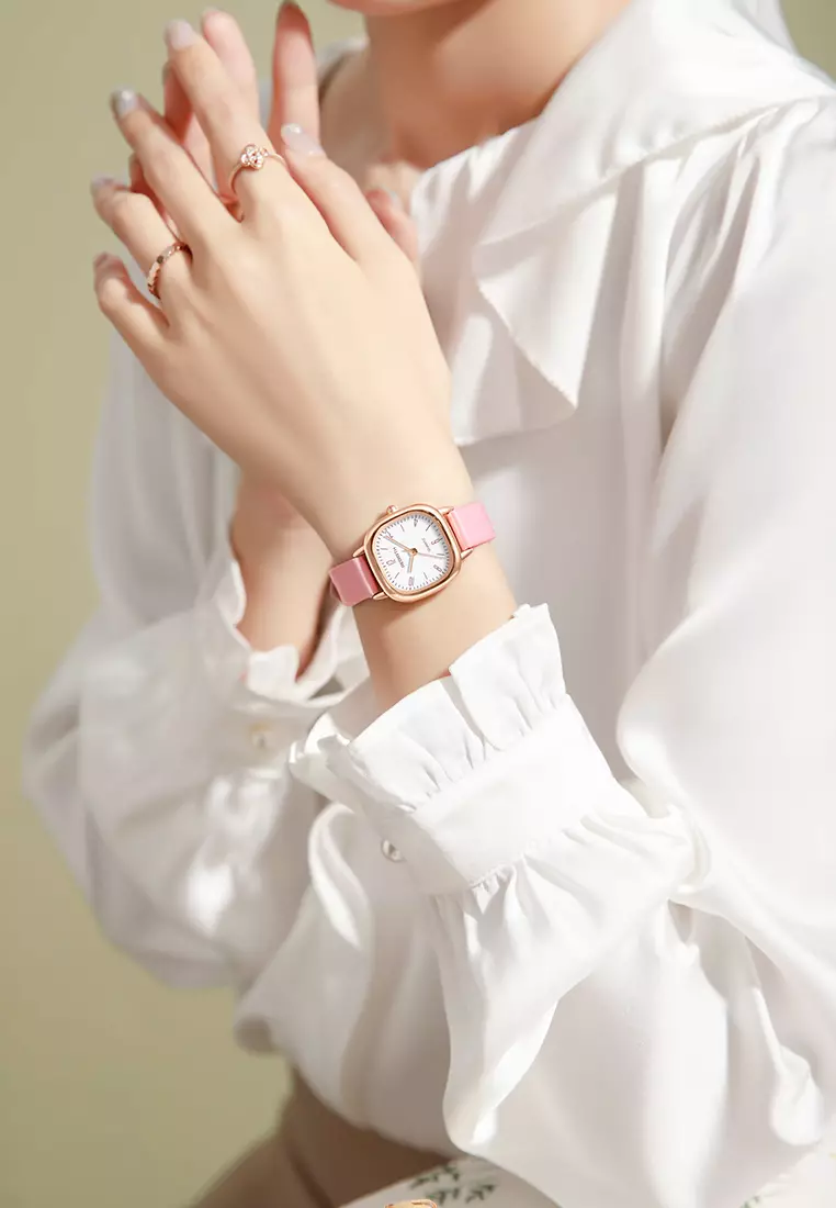 Jam Tangan Wanita Gaya Retro Korea untuk Bisnis Anti Air Jam Tangan Cewek Merah Jambu