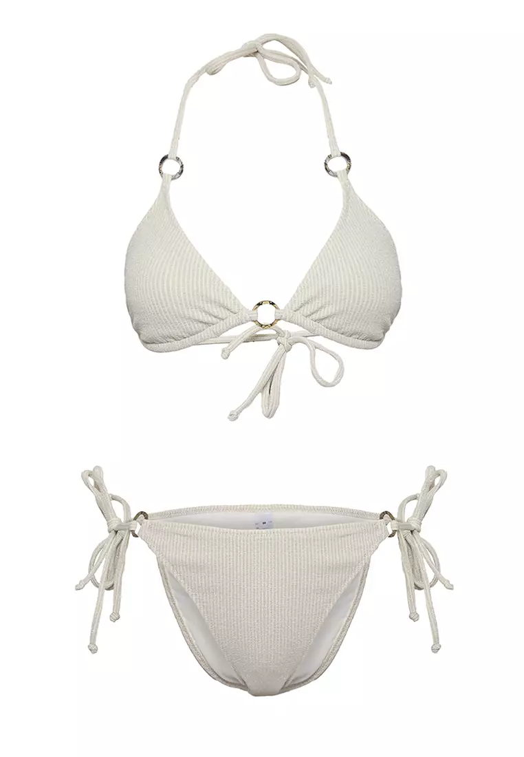 Beige Triangle Accessory Glittery Textured Regular Bikini Set