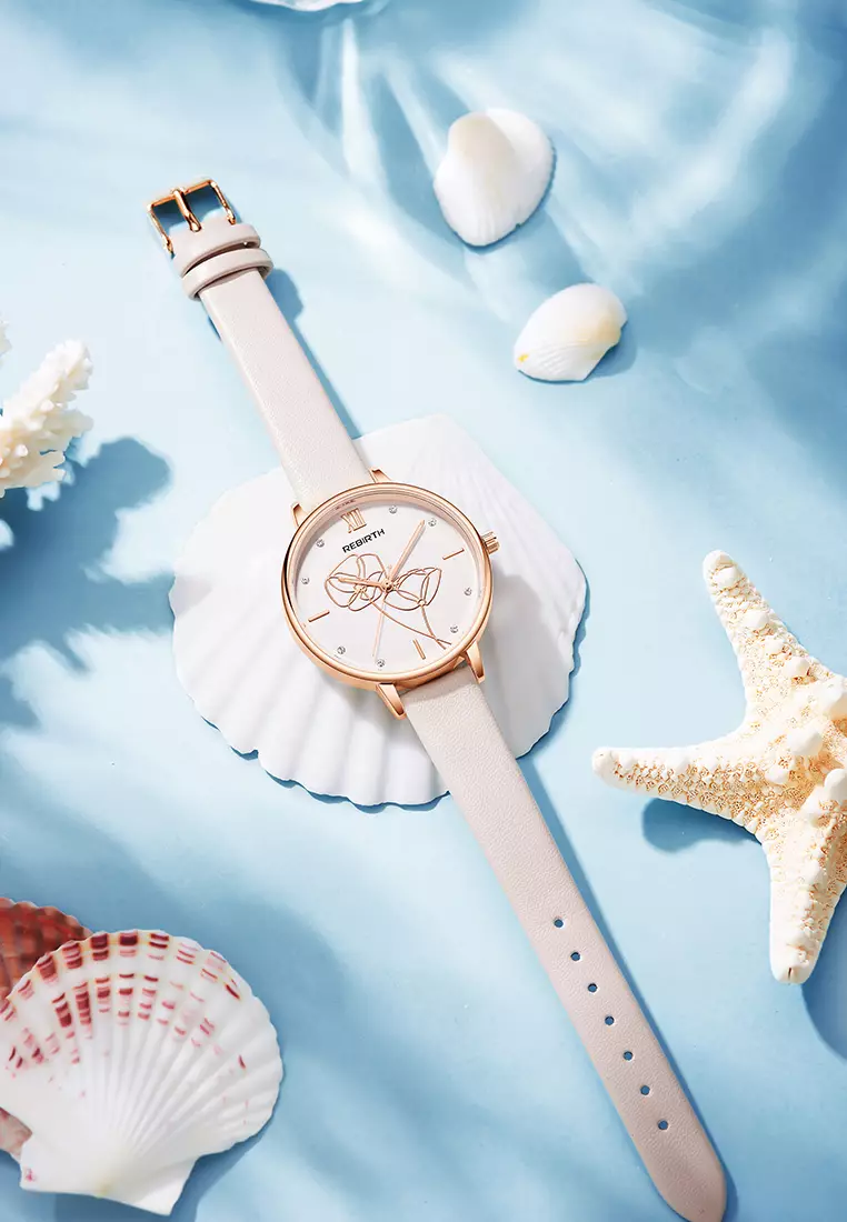 Jam Tangan Wanita Anggun Tali Kulit Display Kuarsa Tahan Air Jam Wanita Mode Jam Tangan Cewek pinkflower