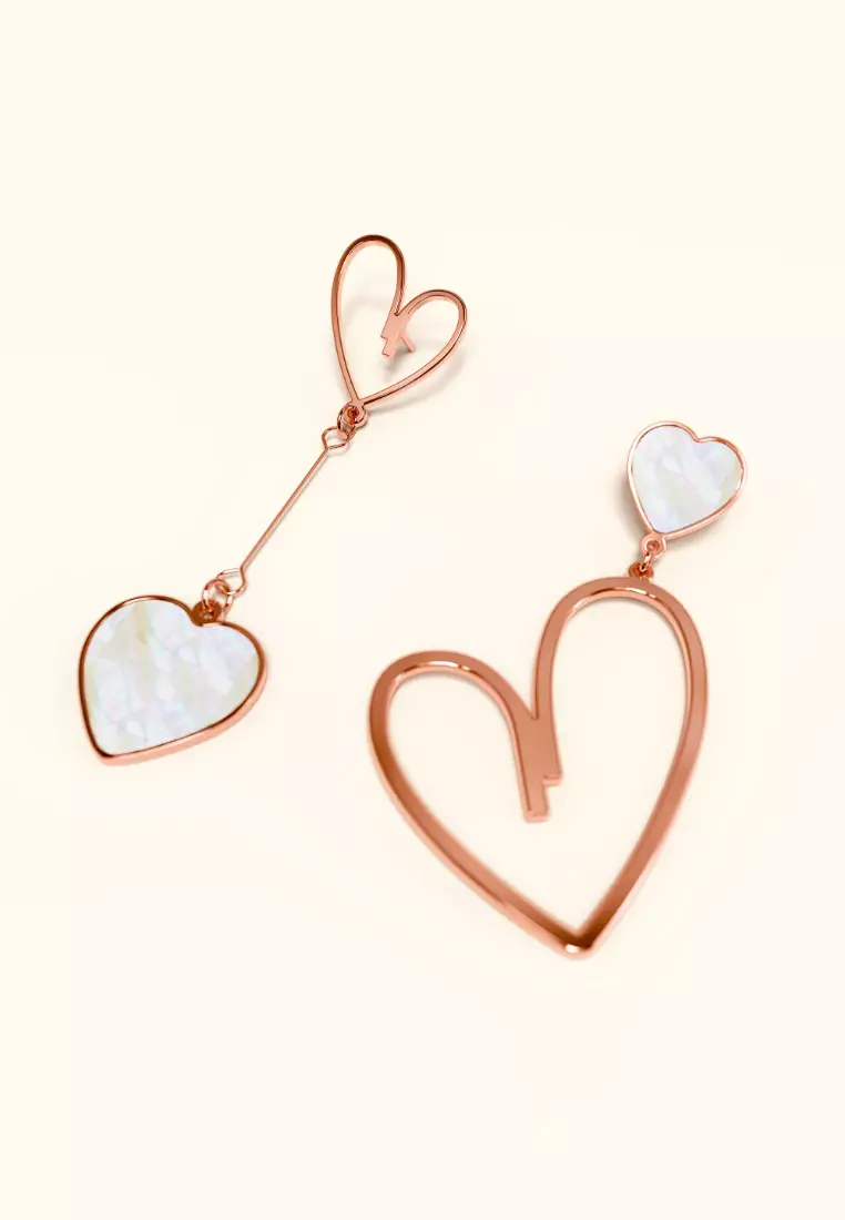 Open-Hearted MOP Shell Inlaid Asymmetrical Earrings Rose Gold Layered