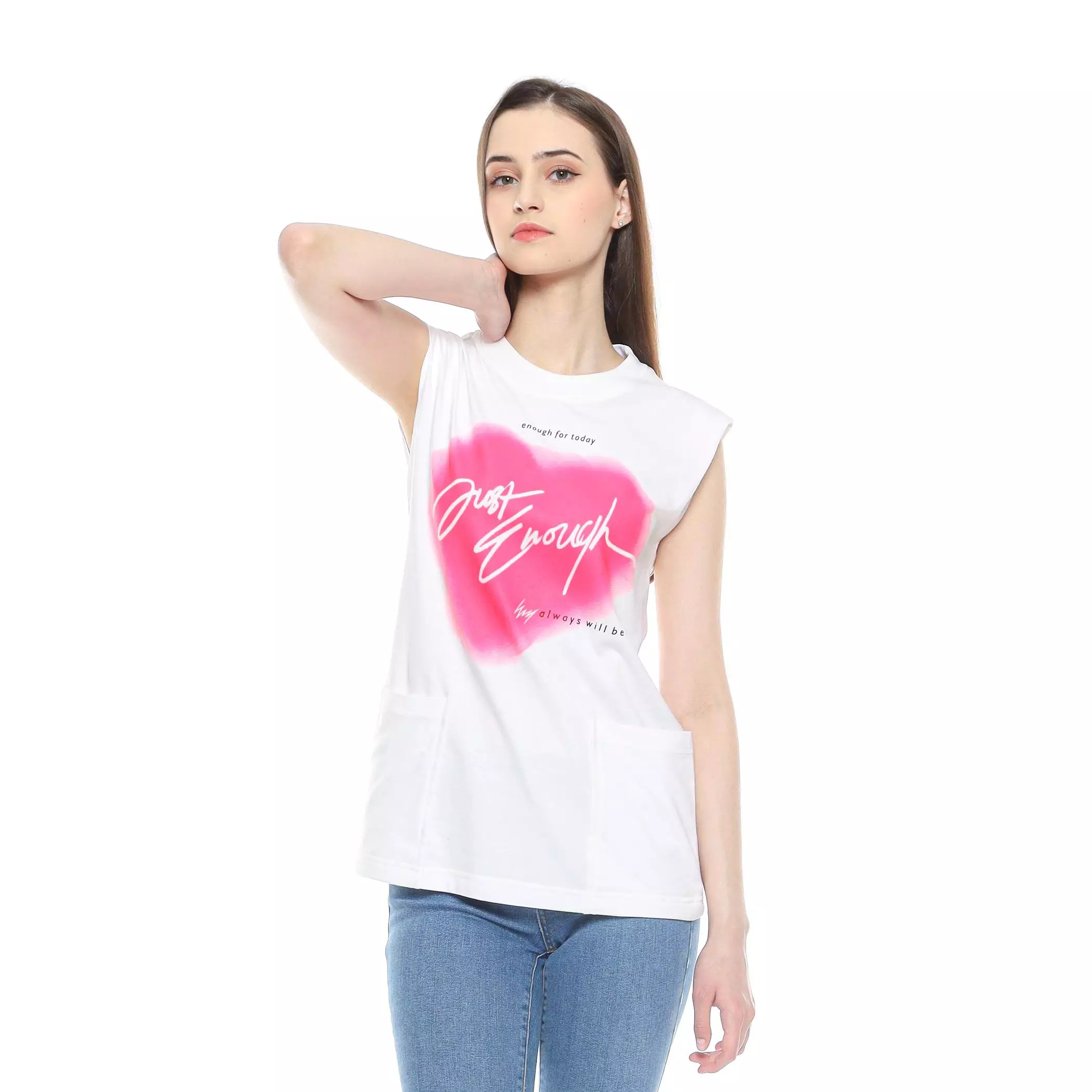Enough For Today Kaos Tanpa Lengan Lekbong Saku Cargo Putih Sablon Heart Always Will Be