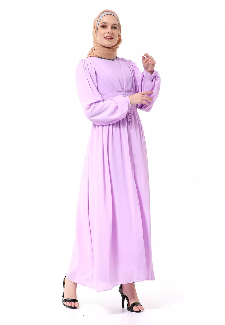 Khansa Long Dress Muslimah Atasan Wanita Long Sleeve Motif Polos High Quality - Ungu Muda