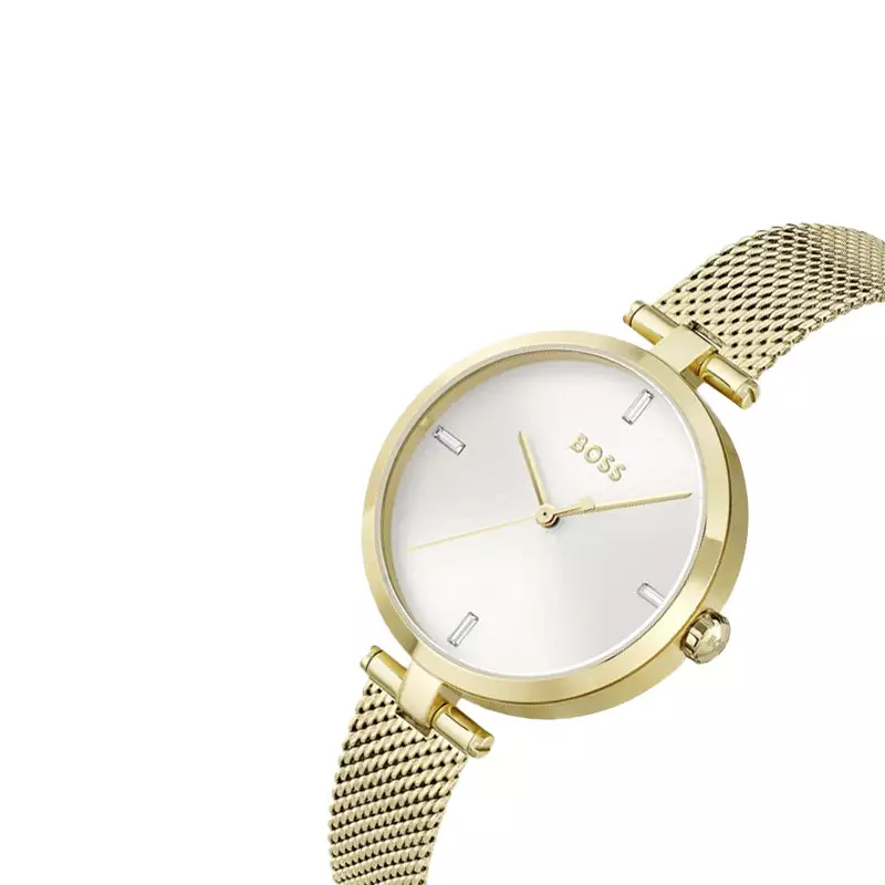 Jam Tangan Wanita Hugo Boss Majesty 1502586 Ladies Silver Dial Gold Mesh Strap