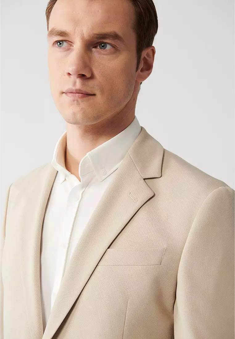 Men's Beige Mono Collar Lined Slit Jersey Fabric Jacket B004000