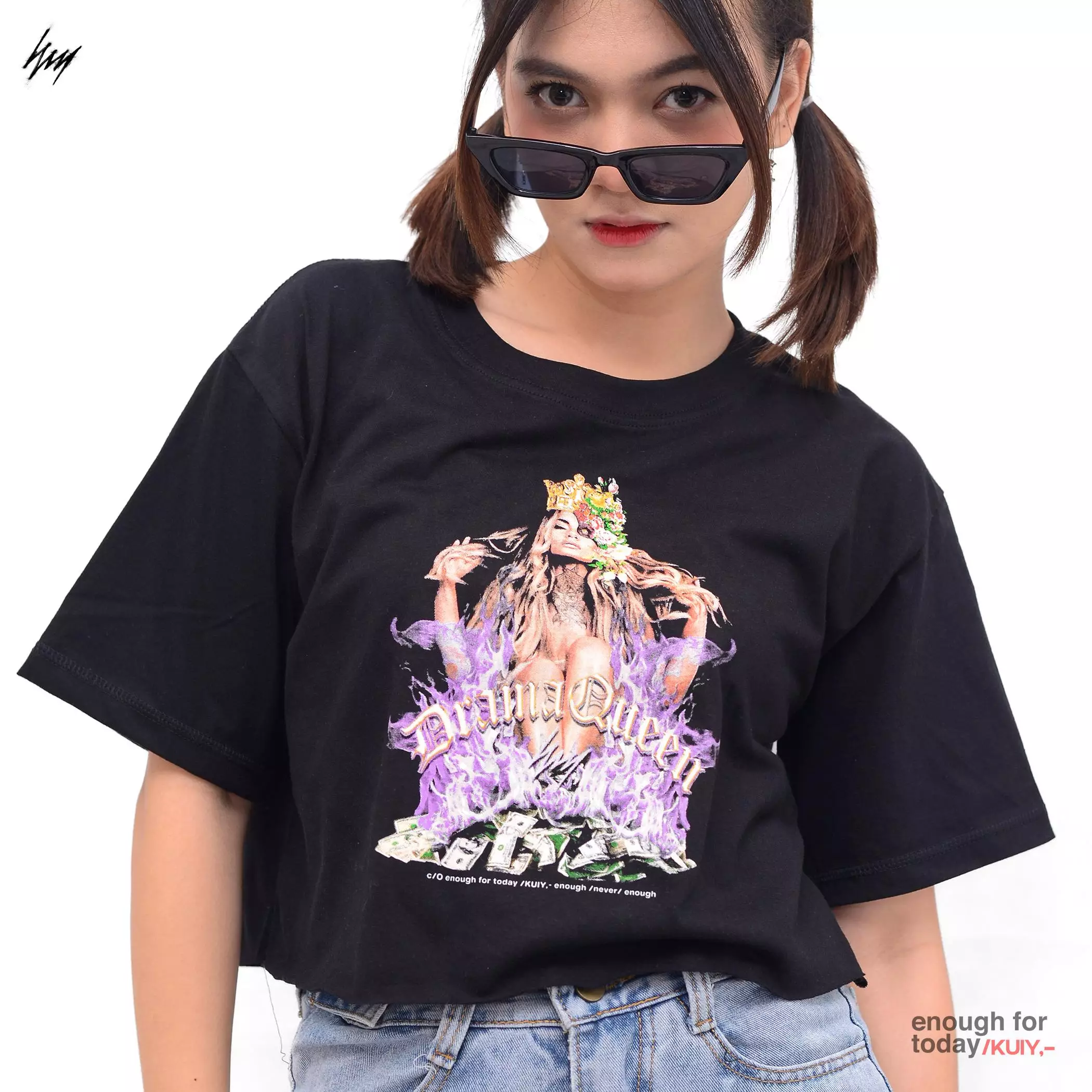 Enough For Today Kaos Crop Top Oversize Hitam Sablon Drama Queen | Crop Graphic Tshirt Wanita