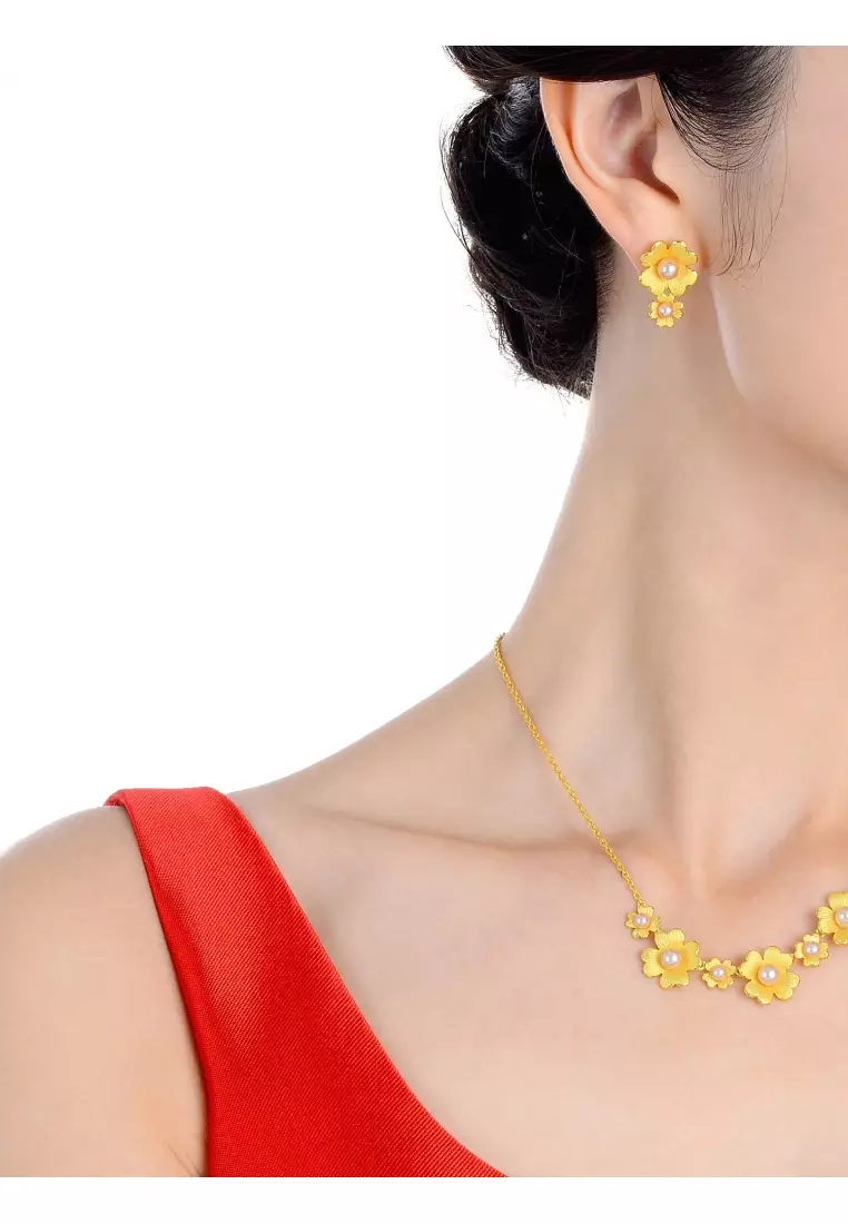 Chinese Wedding Collection 999.9 24K Gold Bridal Blossom, Floral Drop Earrings for Women 89000E