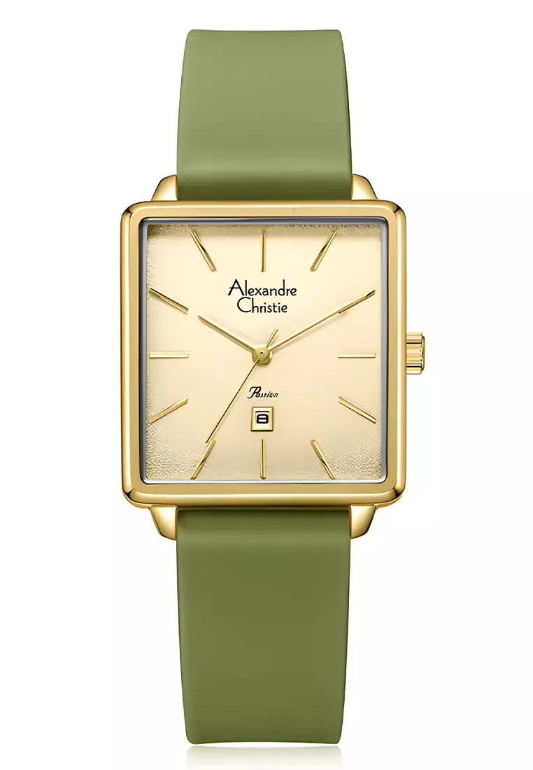 Alexandre Christie Passion - Jam Tangan Analog Wanita - Gold Case - Green Rubber Strap - 2810LHRGPIV