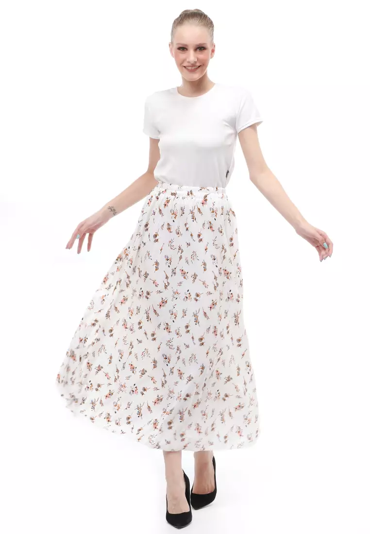 Rok Plisket Motif Print Design Vintage Rubbery Waist Bawahan Wanita - Daily Putih