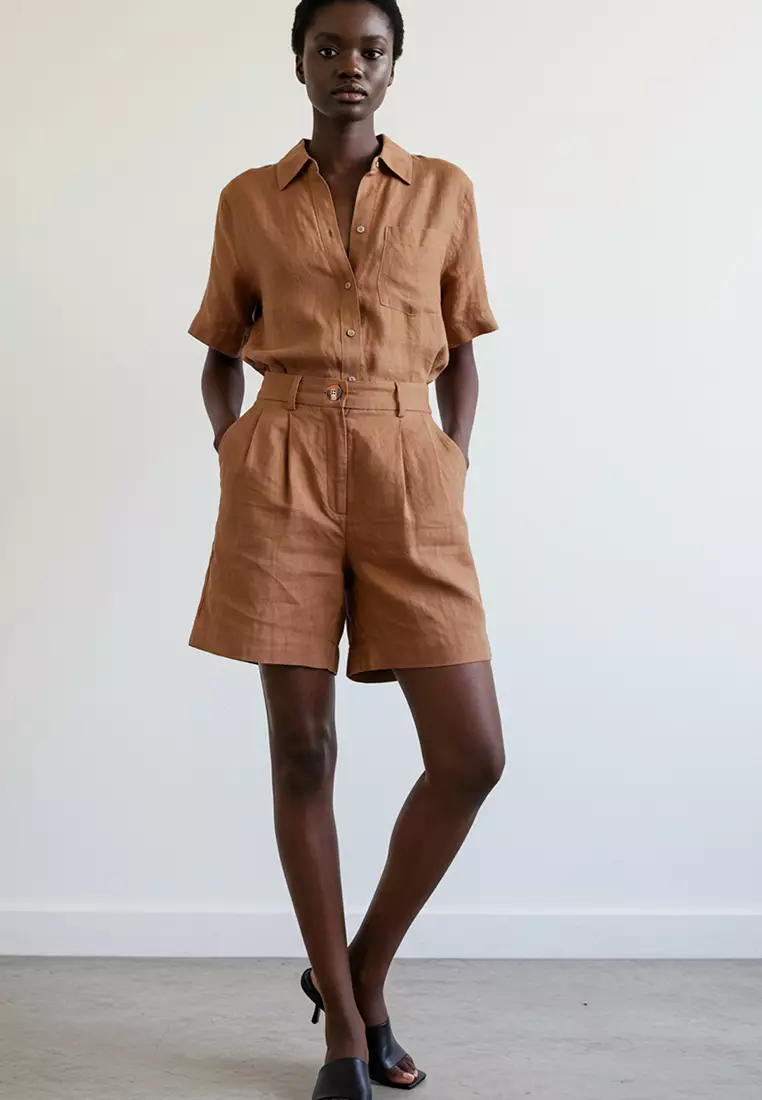 Brown High Waist Linen Look Wide Leg Shorts Woven Shorts