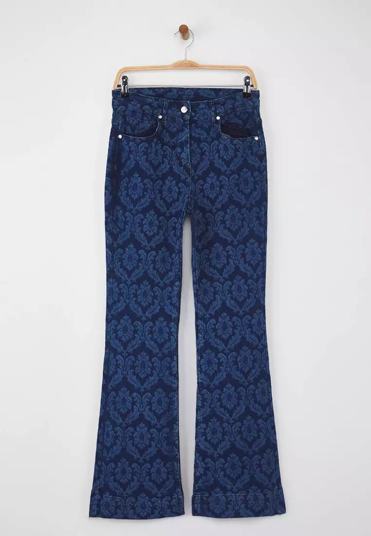 Dark Blue Laser Printed High Waist Flared Jeans Twoaw26Je00033