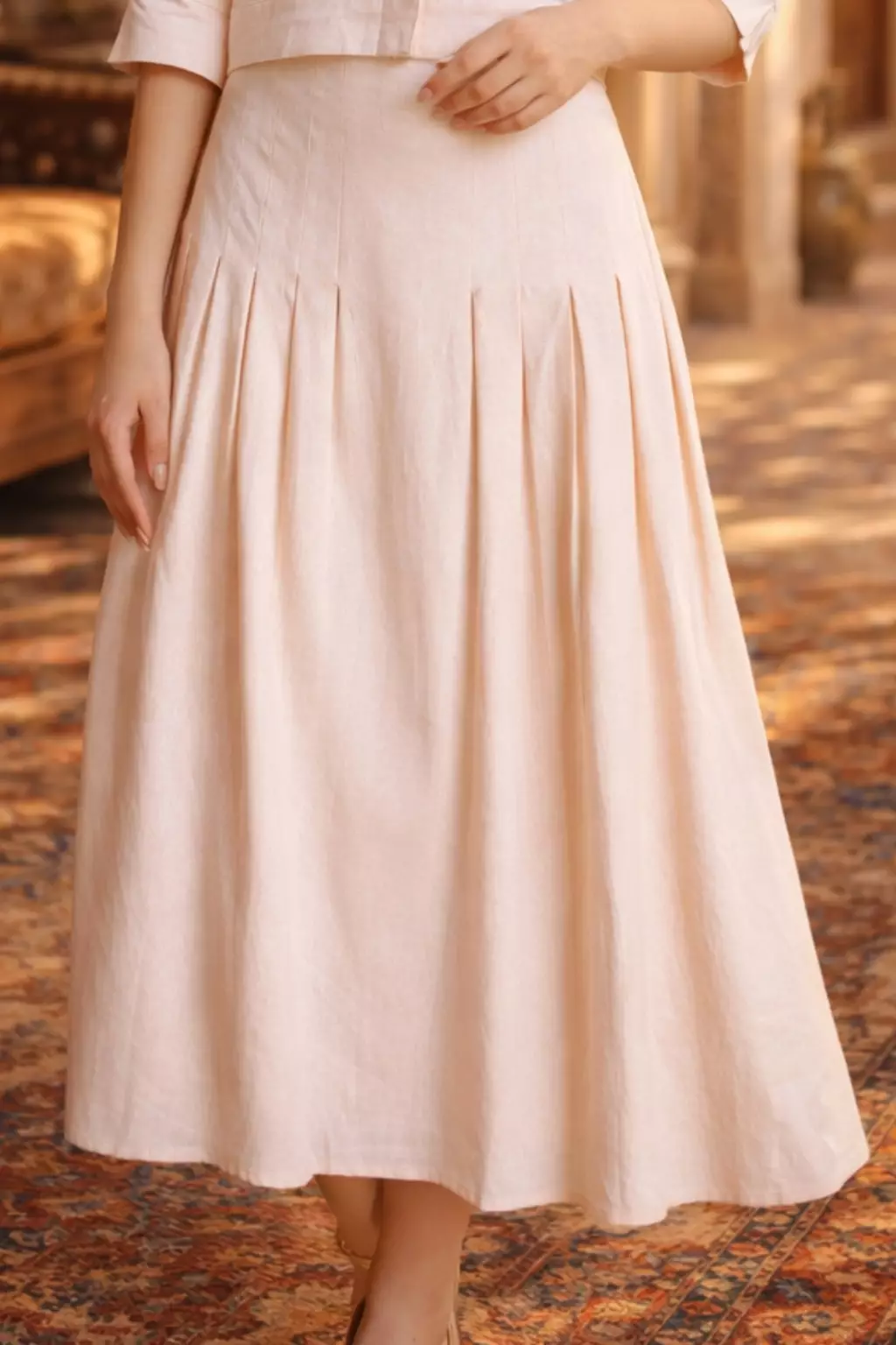 Essentials Cropped One Set Linen Top & Pleated Skirt Set Pink (One Set Shirt & Skirt)