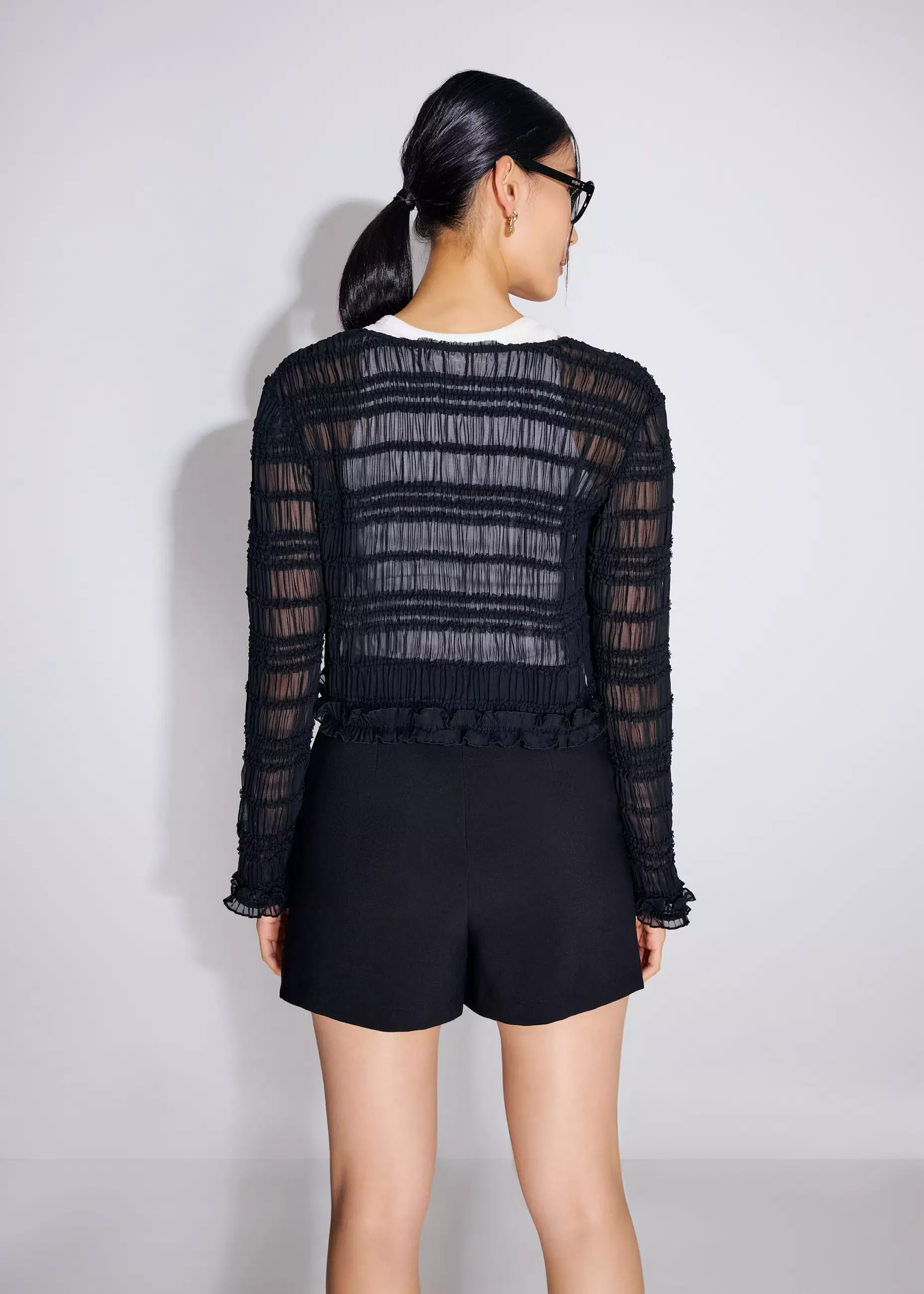Cardigan Wanita - Crinkled Round Neck Crop Cardigan