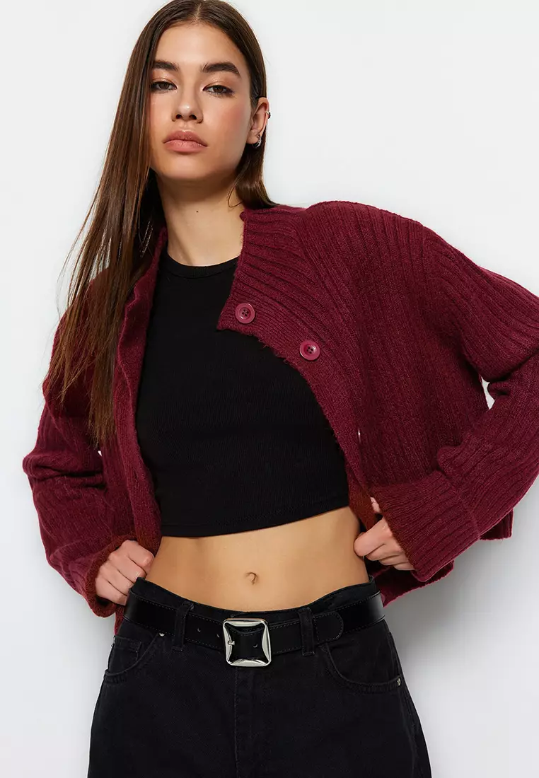 Claret Red Crop Soft Textured Stand Collar Knitwear Cardigan Twoaw22Hi174