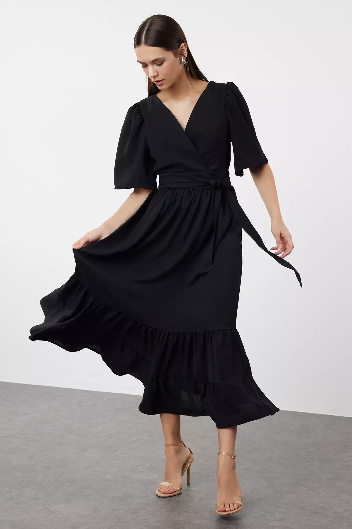 sachin and babi light blue dress Women's Casual Wrap V Neck Midi Dress Long Sleeve Smocked Waist Tiered A  Line Pleated Flowy Dresses
