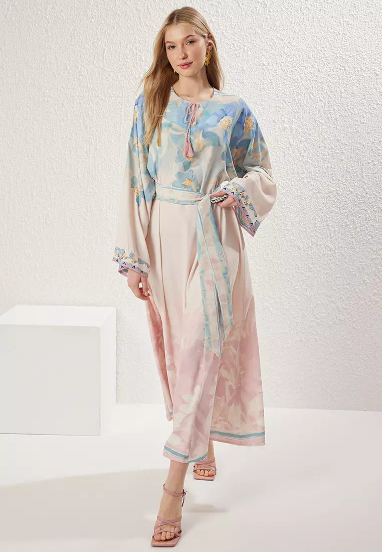 Buy Trendyol Powder Linen Look Spanish Sleeve Belted Patterned Woven Dress  TCTSS25EB00033 Online | ZALORA Malaysia