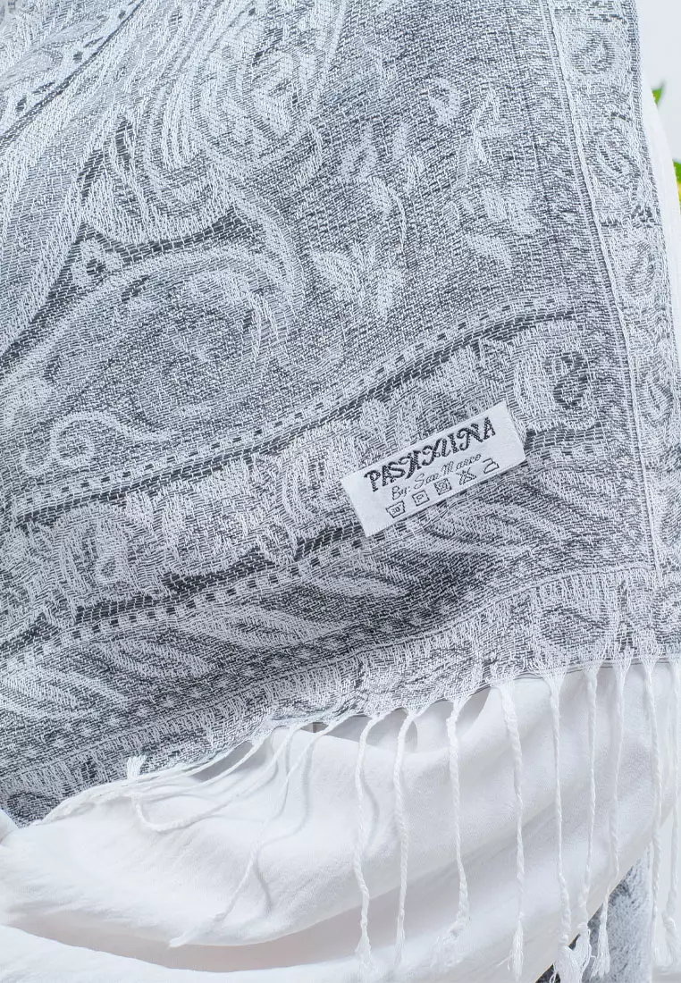 Hijab Pashmina Wanita Reversible Viscose Paisley Full  Pattern Pashmina Shawl Syal Wanita Misty Silver