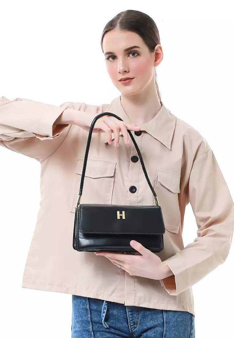 Eilaria Tas Selempang Wanita Shoulder Bag Desain Simple Material Leather ORIGINAL - Black