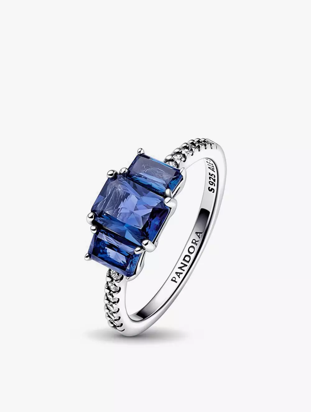 Sterling silver ring with princess blue crystal and clear cubic zirconia