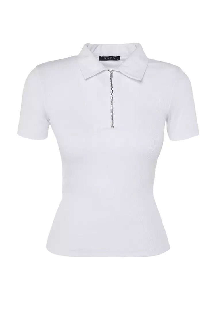 Zipper Detail Polo Collar Blouse