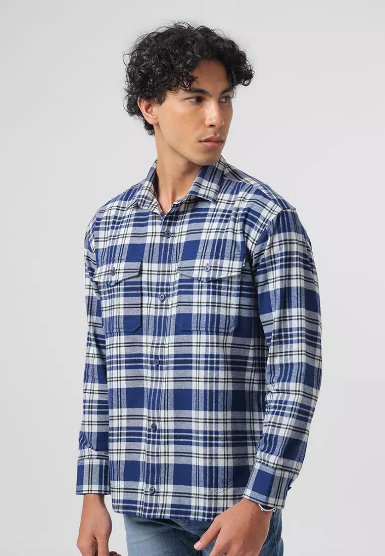 MELVINS - NAVY Kemeja Flannel Pria Motif Kotak-Kotak Lengan Panjang Relaxed Fit
