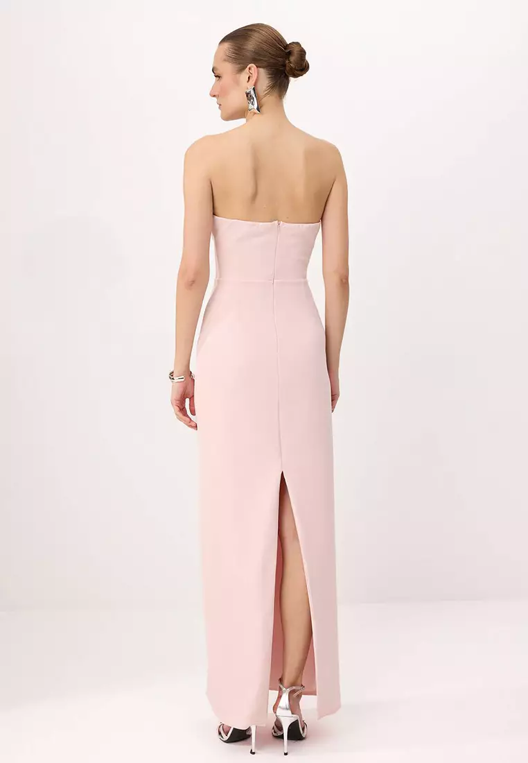 Powder Plain Strapless Woven Finike Maxi Evening & Graduation Dress Tprss26Ae11