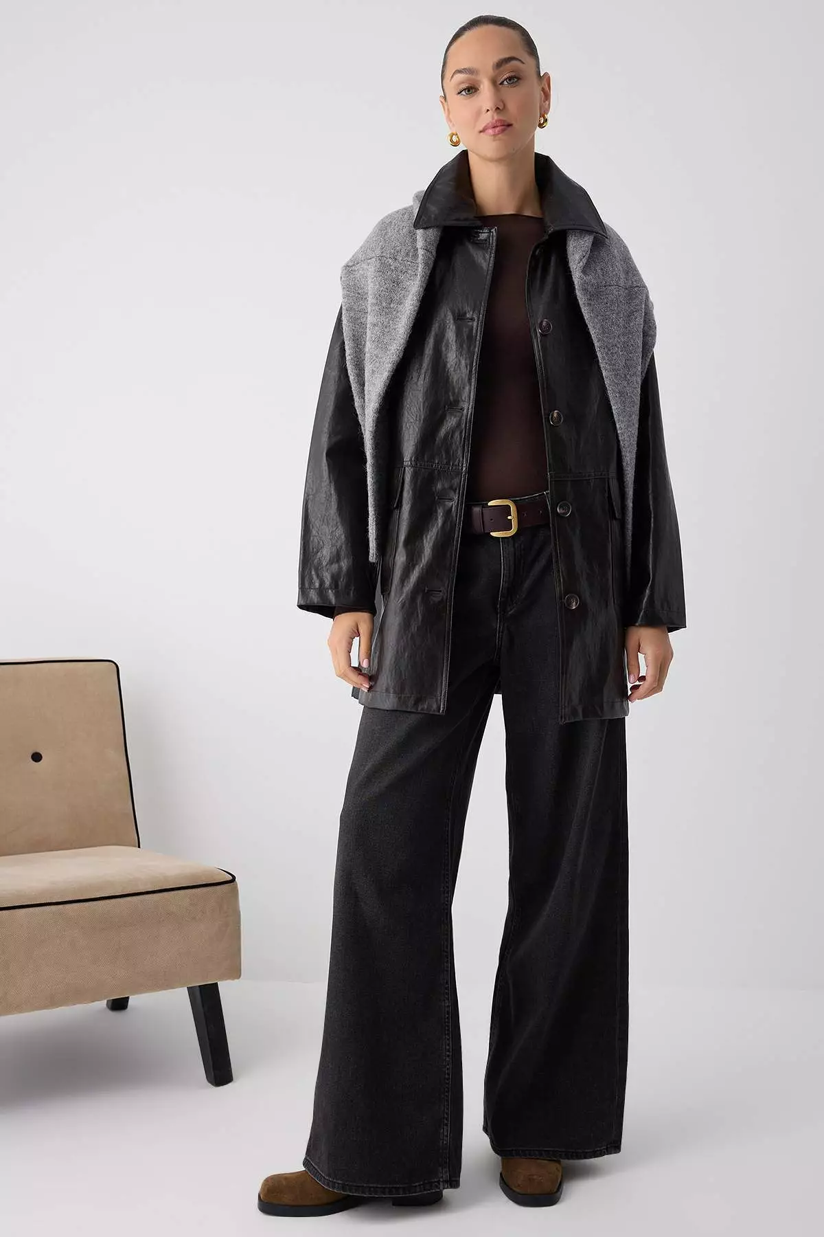Faux Leather Oversize Midi Trench Coat
