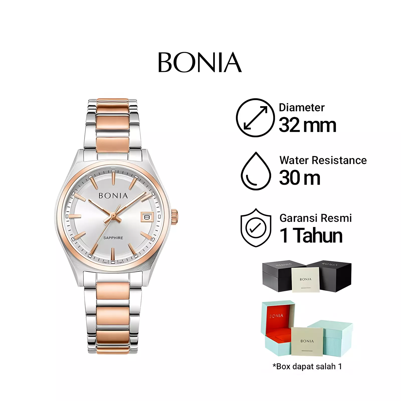 Bonia Sapphire Glass - Jam Tangan Analog Wanita - Rose Gold Silver - Stainless Steel -  B10863-2612