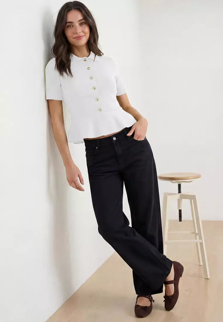 Ecru Peplum/Waist Fitted Button Detailed Knitwear Blouse Twoss26Bz158
