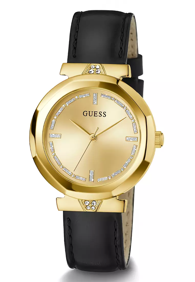 Guess Ladies Watch Rumour Jam Tangan Analog Wanita - Gold Case Black Leather Strap - GW0689L2