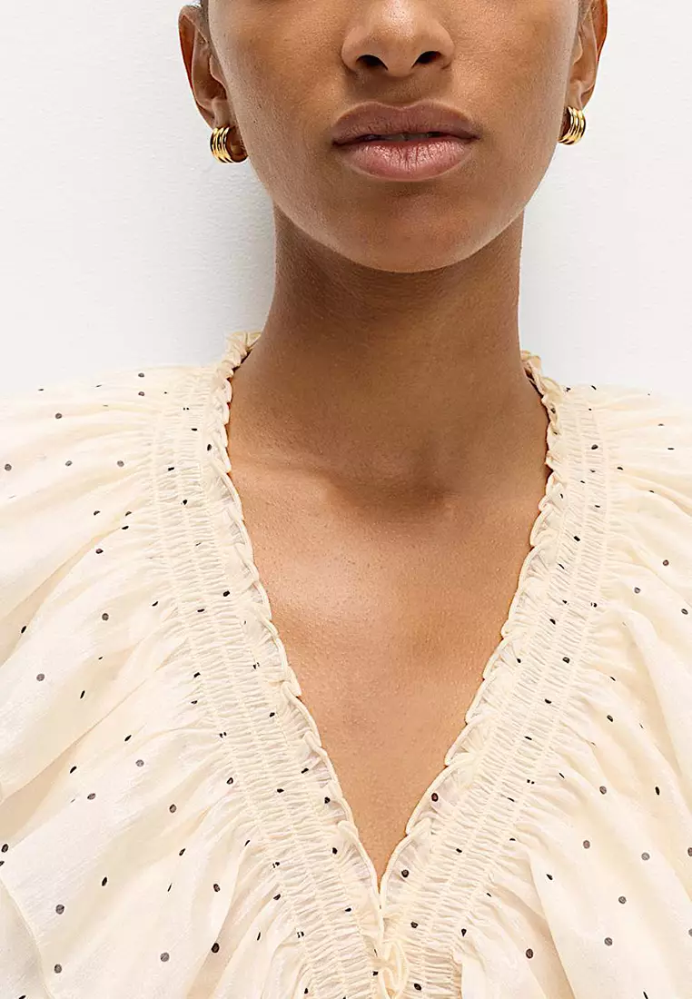 Polka Dot V-Neck Frill Detail Top