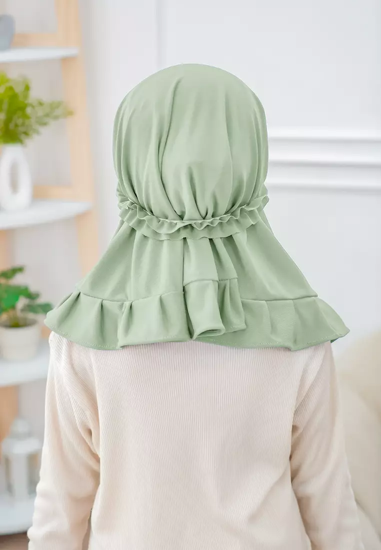Cotton Bee - Ziva Ruffle Instan | Hijab Instan Anak | Kerudung Jilbab Bergo Tali Anak - Green Tea - L