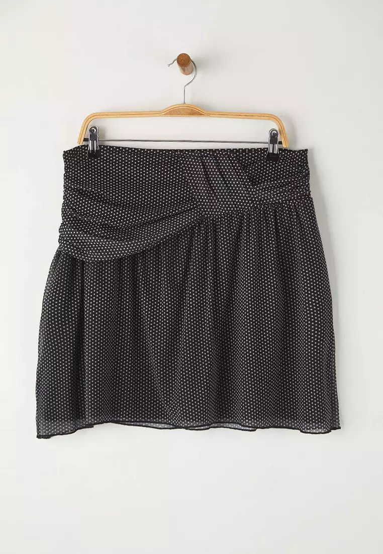 Black Polka Dot Patterned Pleated Waist Mini Tulle Knit Plus Size Skirt
