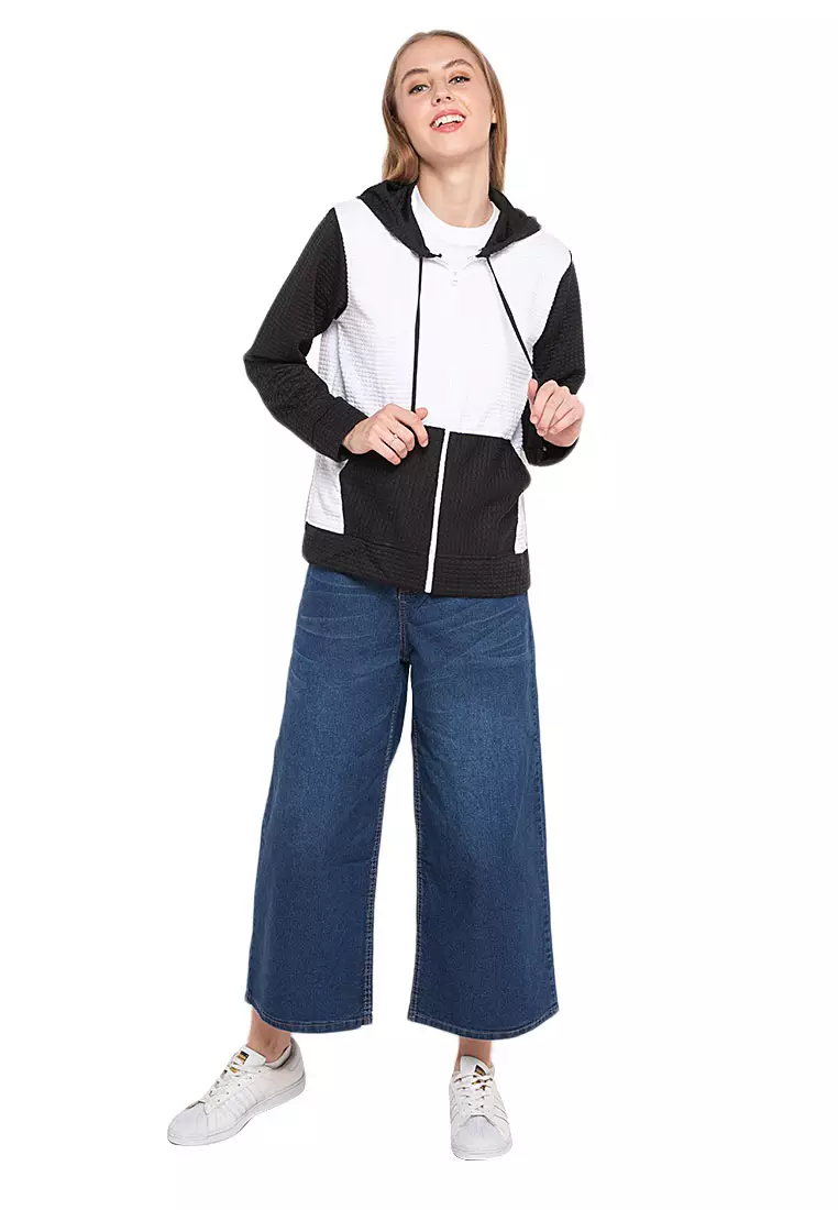 Hernie Long Hoodie Dual Tone Color Lengan Panjang Outerwear Atasan Wanita - Putih