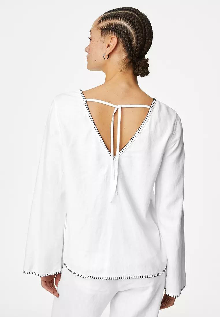 Linen Rich Tie Detail Blouse