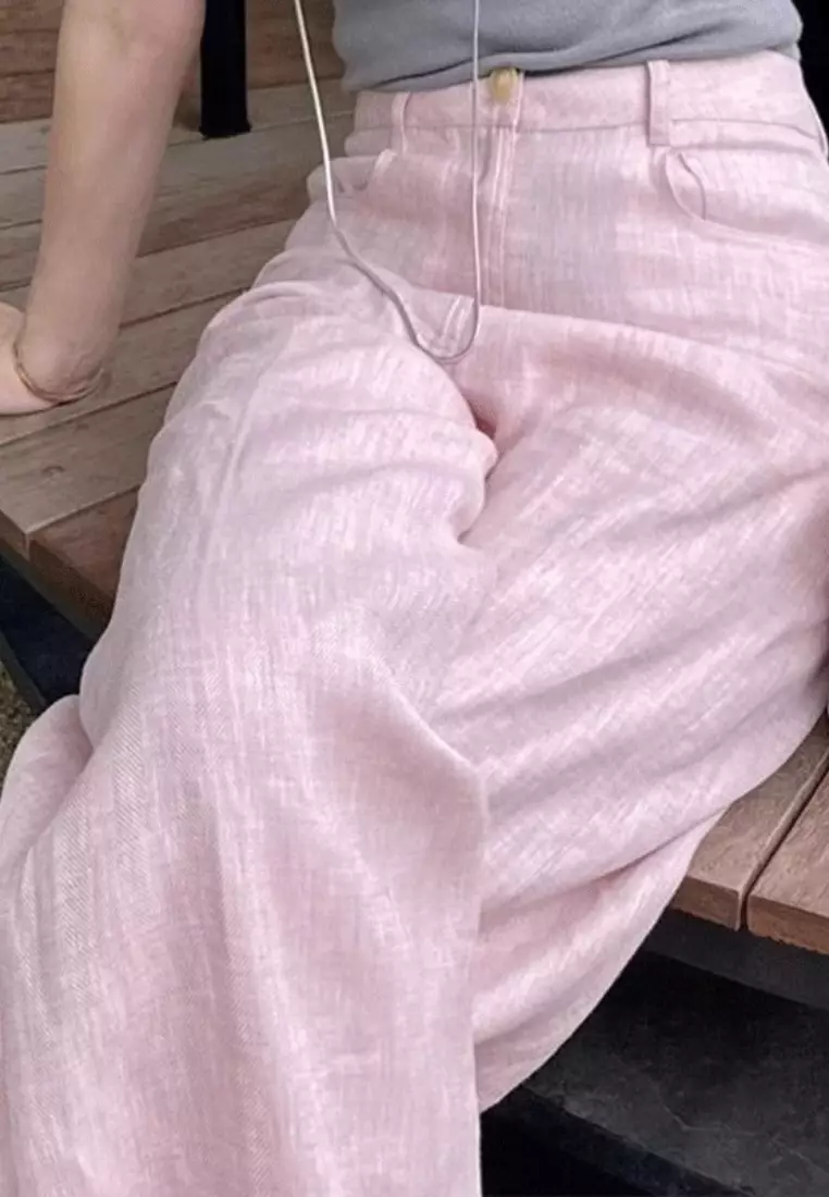 2025 New Pink Ramie Wide Leg Straight Pants K060405