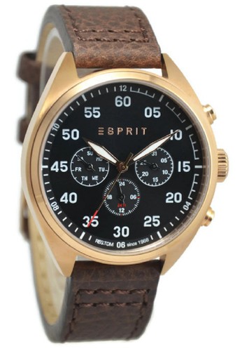 Esprit ES108791002 Jam Tangan Pria Leather Strap - Cokelat Gold