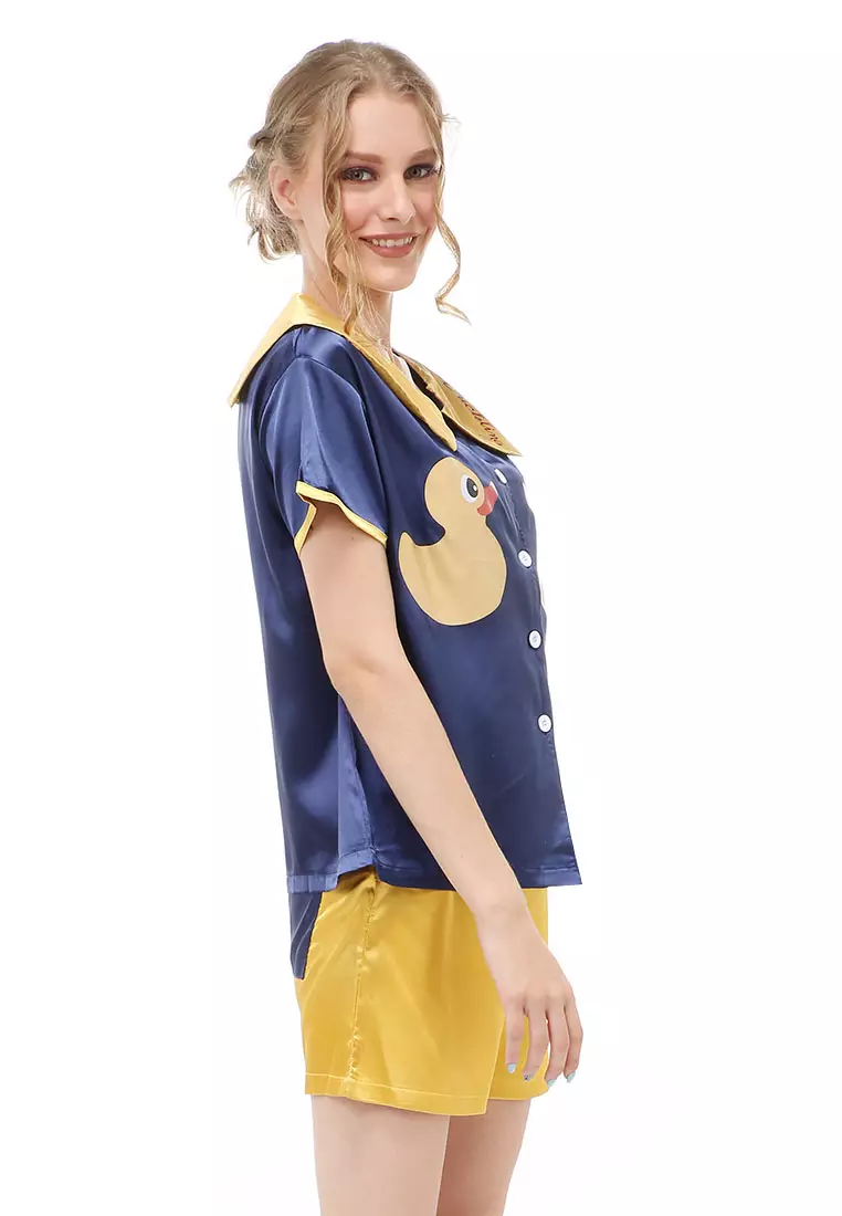 Vance Setelan Baju Tidur Wanita Lengan Pendek Motif Bebek Material Satin ORIGINAL - Navy