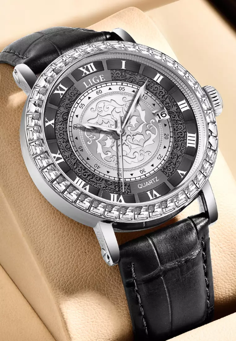 Unisex Quartz Watch, Crystal Paved 42mm watch case, Leather Strap