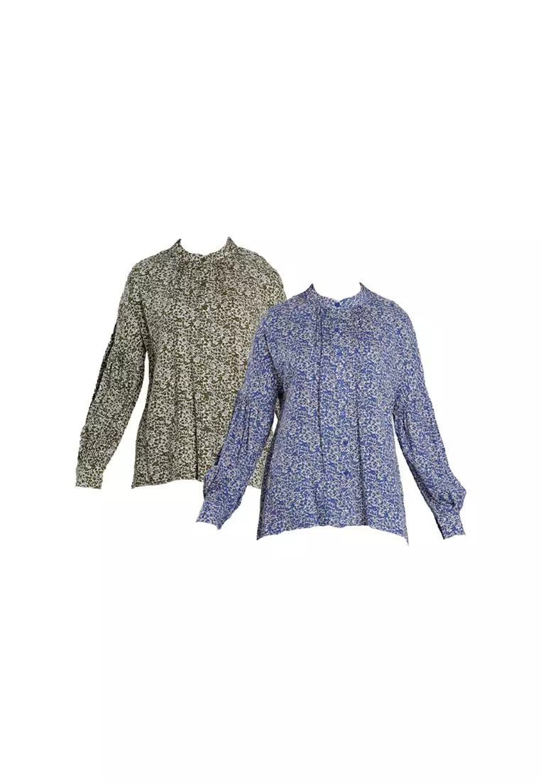 Forest Ladies Floral Pattern Button Rayon Blouse Women Long Sleeve Blouse | Baju Perempuan - 822486-41Green