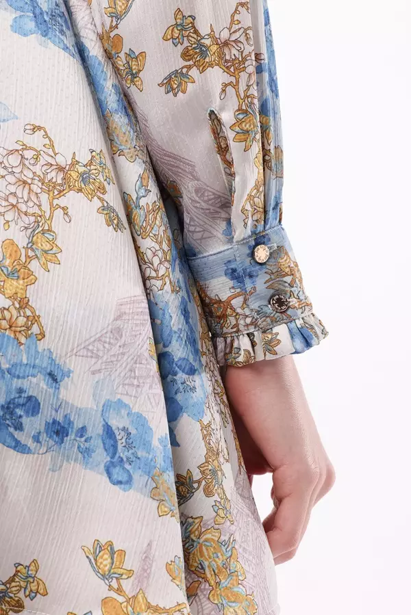 MINIMAL/Emily In Paris - Avriel - Dress Ruffle Motif Bunga - Blue Warna Blue