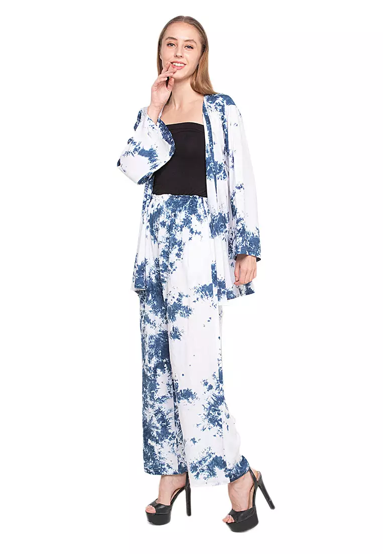 Darren Setelan Wanita Long Sleeves Atasan Dan Bawahan Motif Abstrak Relaxed Fit - Smoke Navy